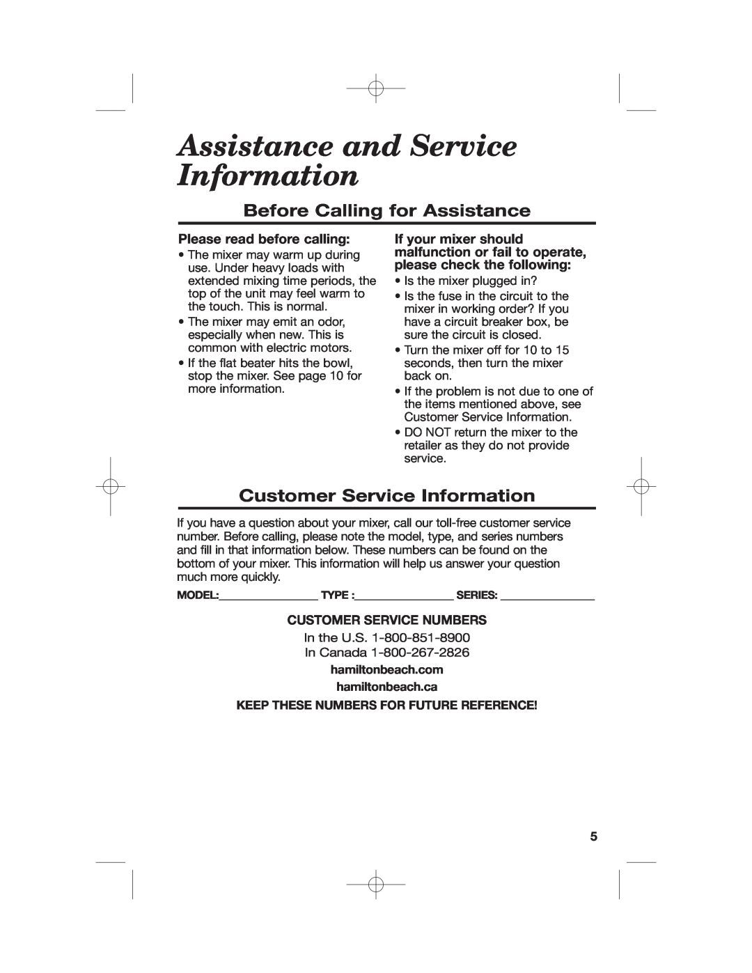 Hamilton Beach Stand Mixer Assistance and Service Information, Before Calling for Assistance, Customer Service Information 