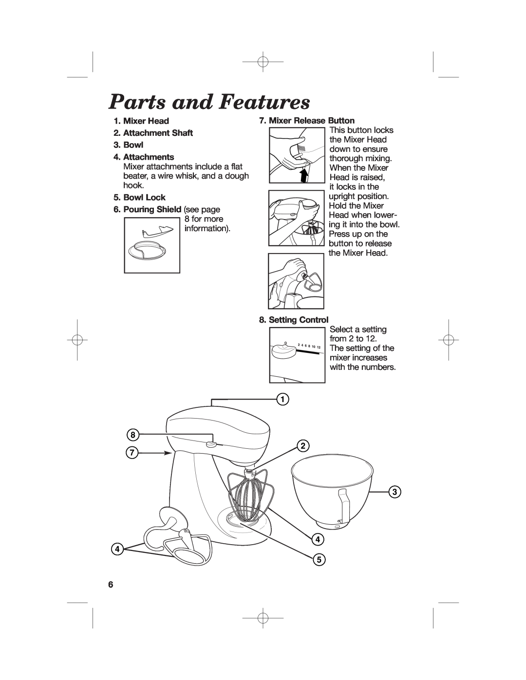 Hamilton Beach 63232 manual Parts and Features, Mixer Head 2. Attachment Shaft 3. Bowl 4. Attachments, Mixer Release Button 
