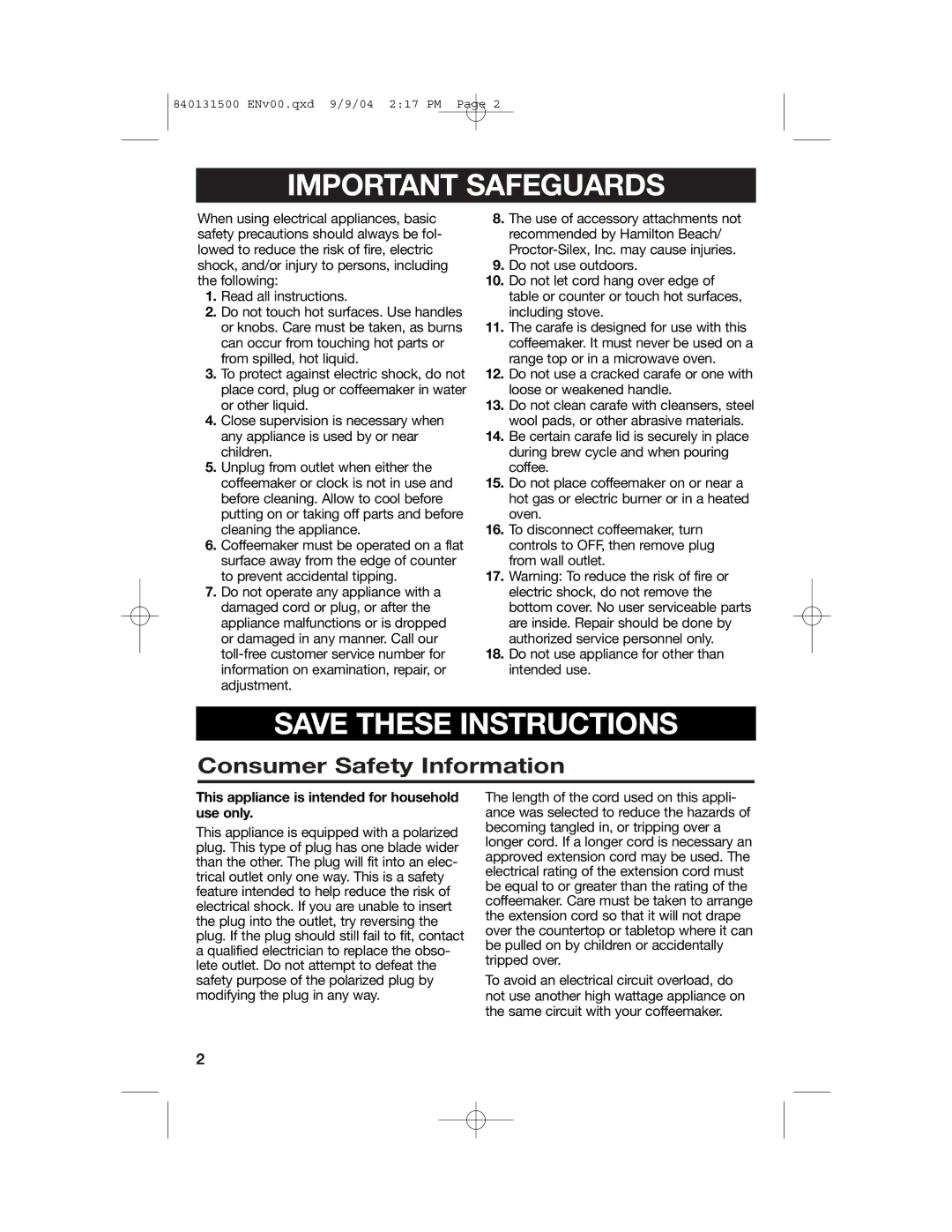 Hamilton Beach Stay or Go Coffeemaker manual Important Safeguards 