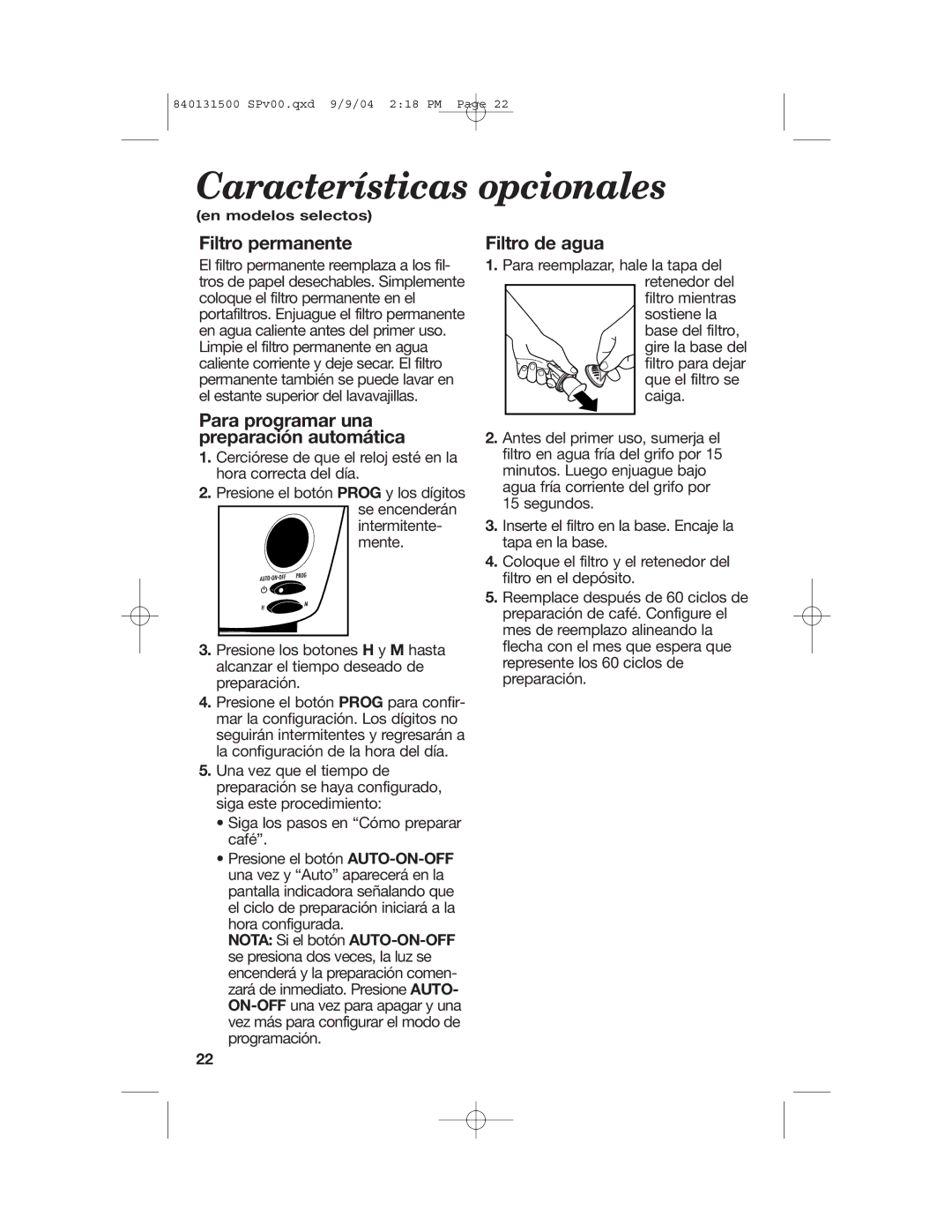 Hamilton Beach Stay or Go Coffeemaker manual Características opcionales, Filtro permanente 