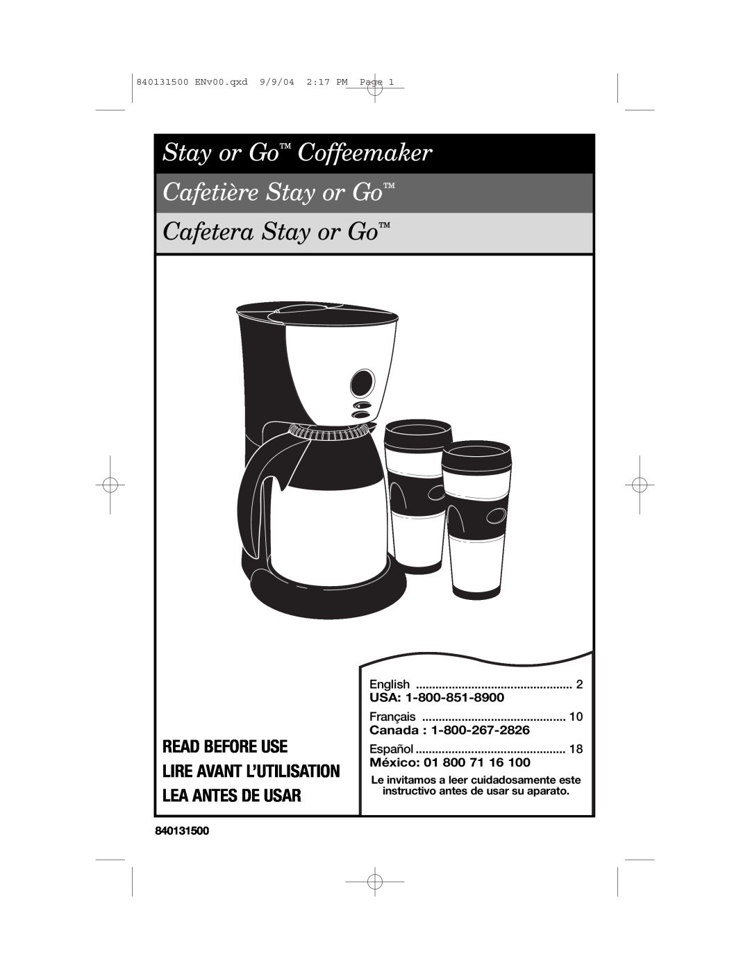 Hamilton Beach Stay or Go Coffeemaker manual Read Before Use, Lire Avant L’Utilisation Lea Antes De Usar, English, Español 