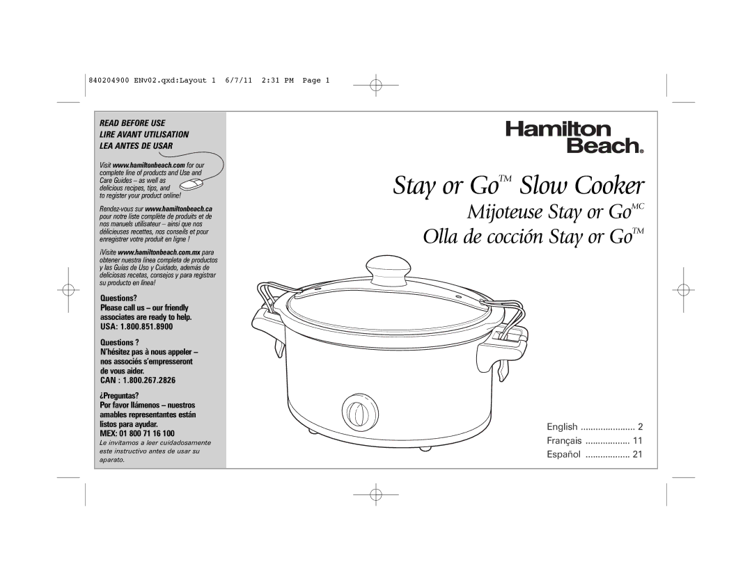 Hamilton Beach 33354, Stay or GoTM Slow Cooker, 33269 manual Questions?, Questions ?, Can ¿Preguntas?, MEX 01 800 71 16 