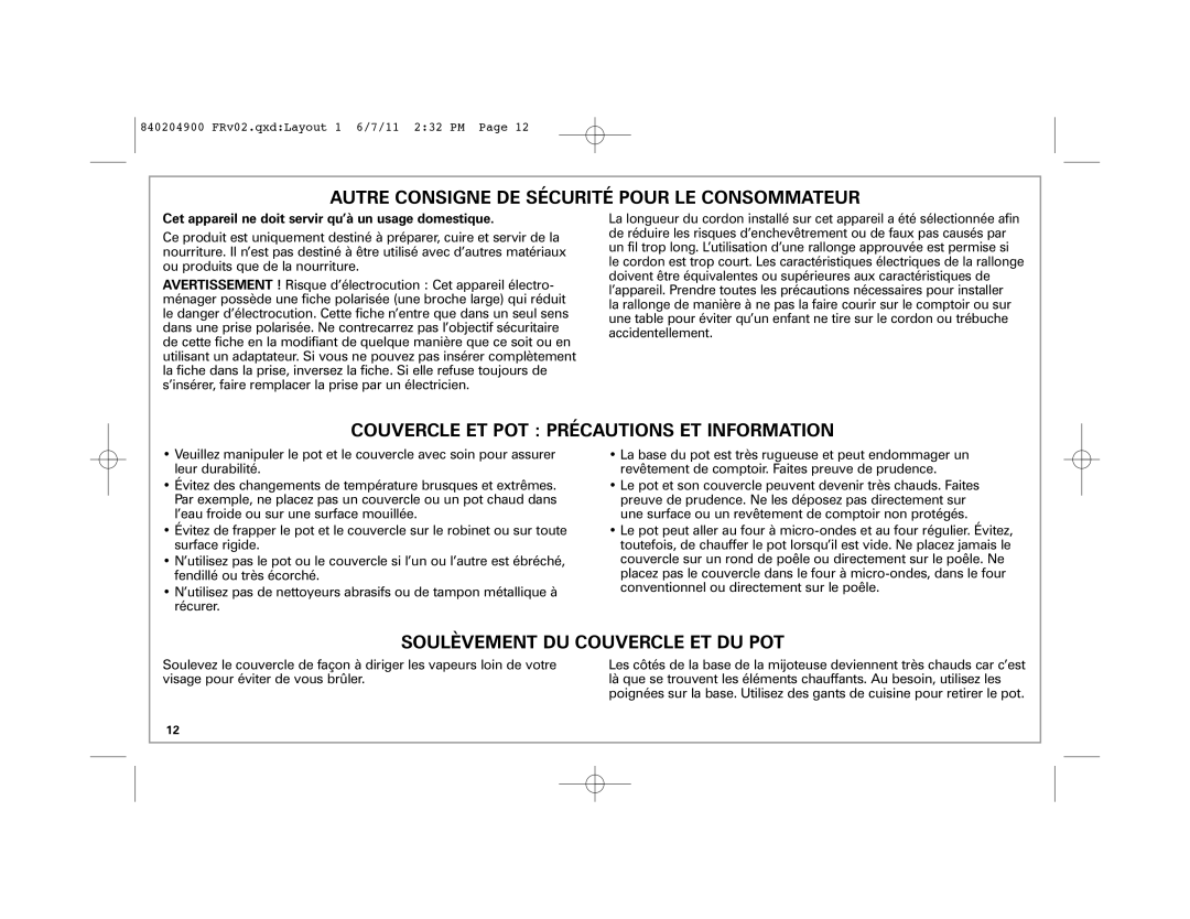 Hamilton Beach 33263 Autre Consigne DE Sécurité Pour LE Consommateur, Cet appareil ne doit servir qu’à un usage domestique 