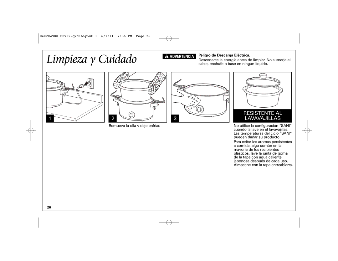 Hamilton Beach 33269, Stay or GoTM Slow Cooker, 33354, 33264, 33263, 33245 Limpieza y Cuidado, Peligro de Descarga Eléctrica 