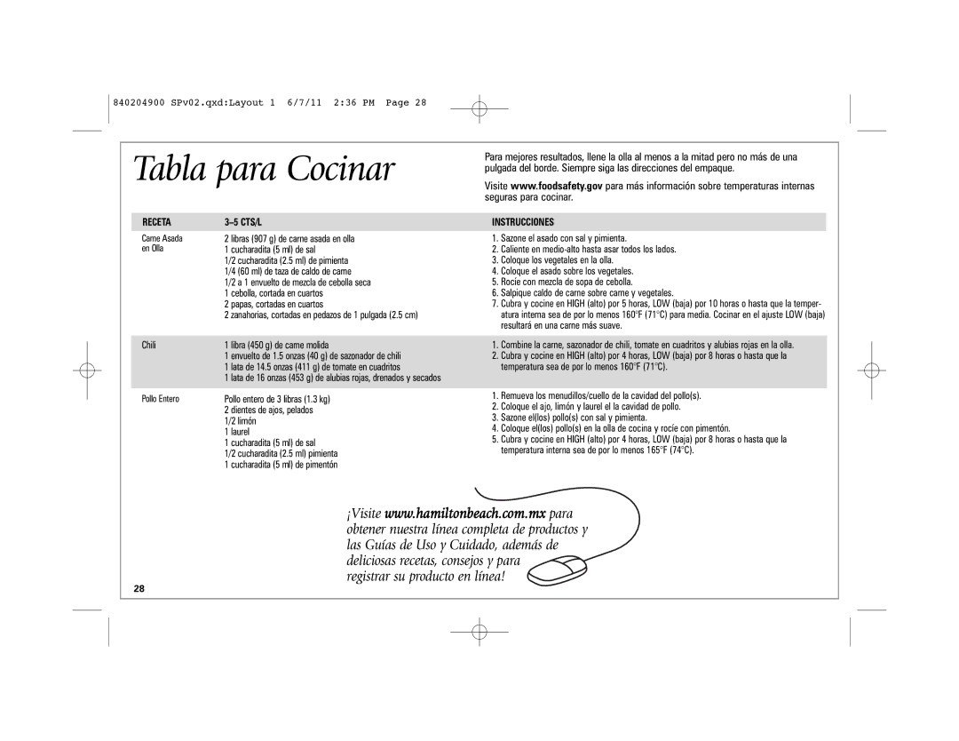 Hamilton Beach 33263, Stay or GoTM Slow Cooker, 33354, 33269, 33264, 33245, 33249, 33246 manual Tabla para Cocinar, Receta 