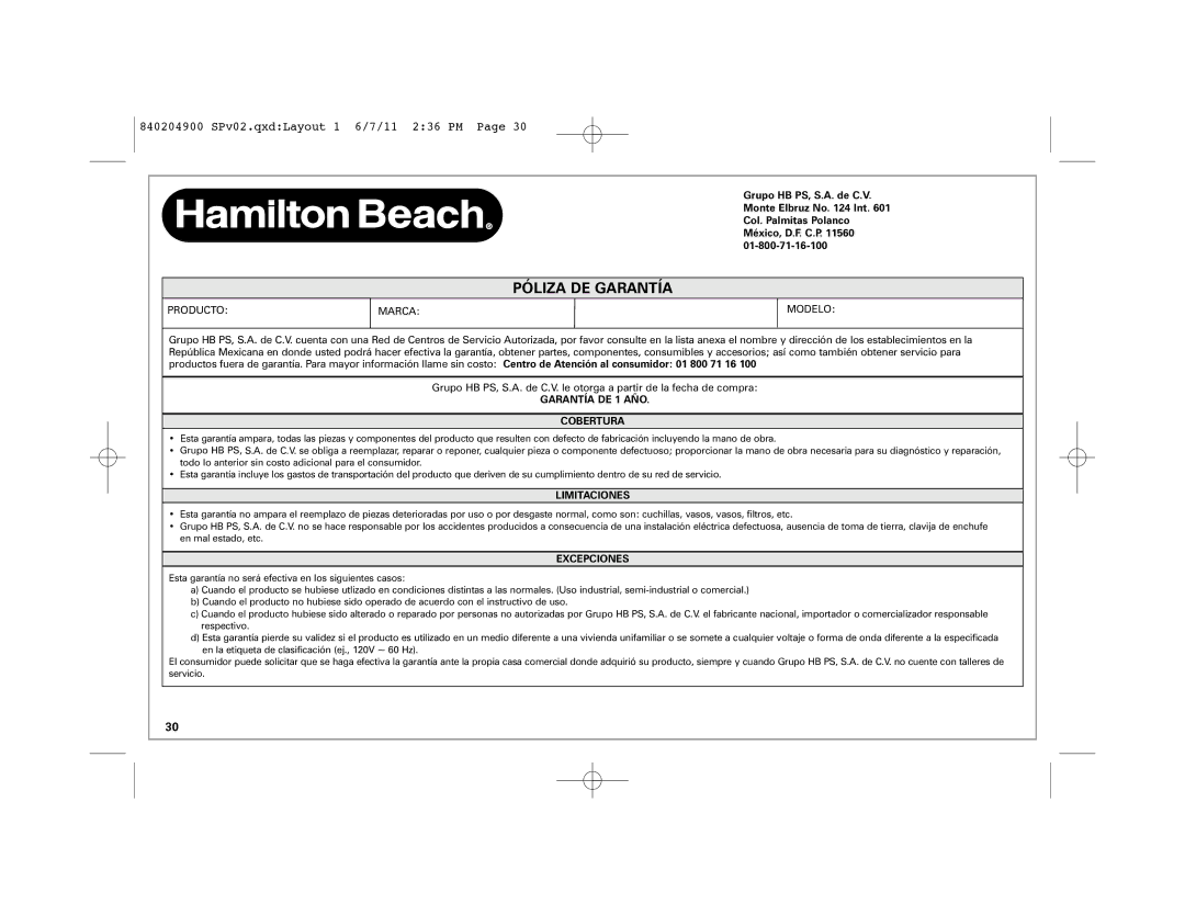 Hamilton Beach 33249, Stay or GoTM Slow Cooker, 33354, 33269, 33264, 33263, 33245, 33246 manual Póliza DE Garantía 