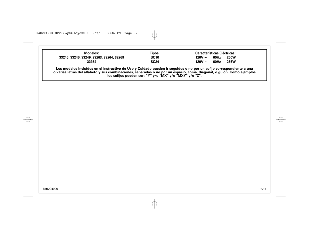 Hamilton Beach Stay or GoTM Slow Cooker, 33269, 33264, 33263, 33245, 33249, 33246 manual Modelos Tipos, 120V ~ 60Hz, 33354 