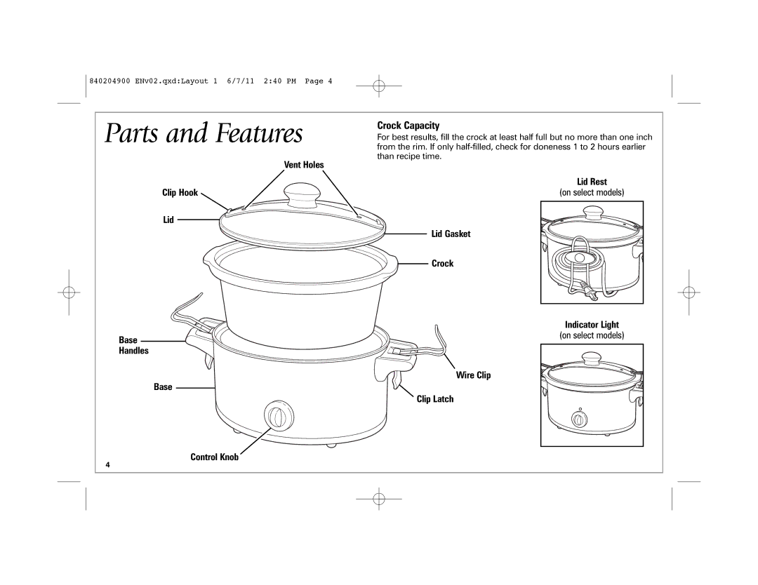 Hamilton Beach 33263, Stay or GoTM Slow Cooker, 33354, 33269, 33264, 33245, 33249, 33246 manual Parts and Features, Crock Capacity 