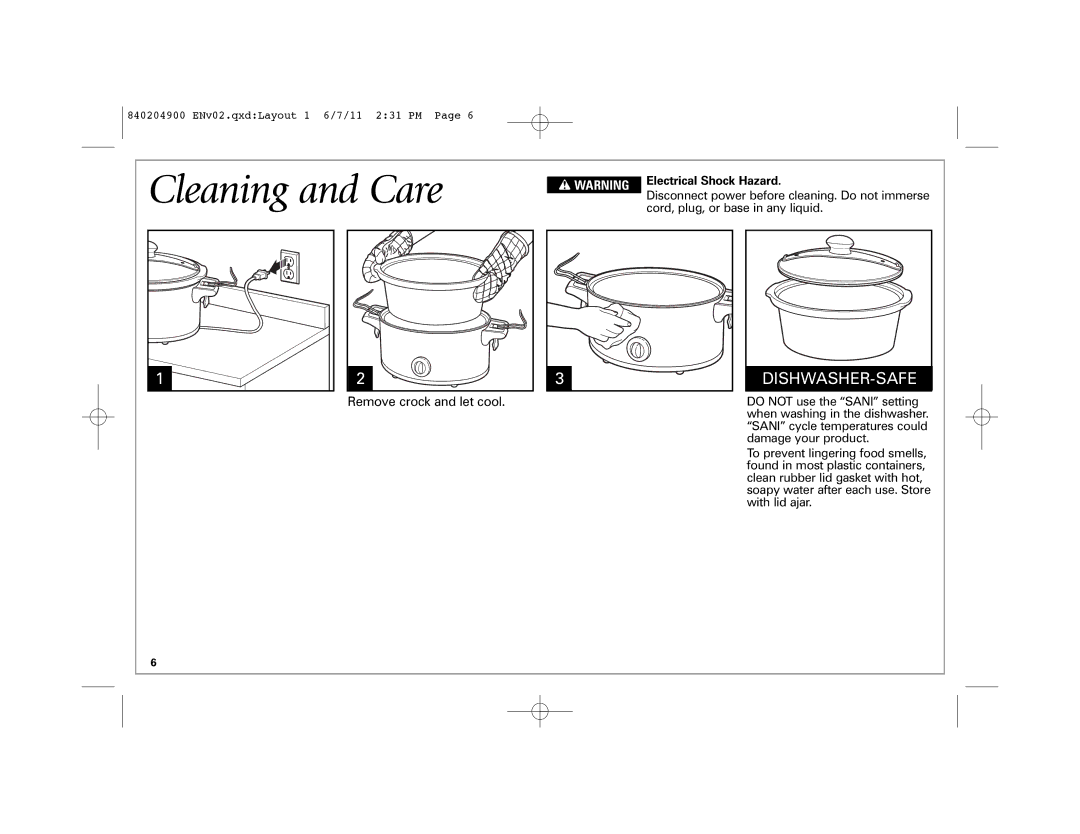 Hamilton Beach 33249, Stay or GoTM Slow Cooker, 33354, 33269, 33264, 33263, 33245 Cleaning and Care, Electrical Shock Hazard 