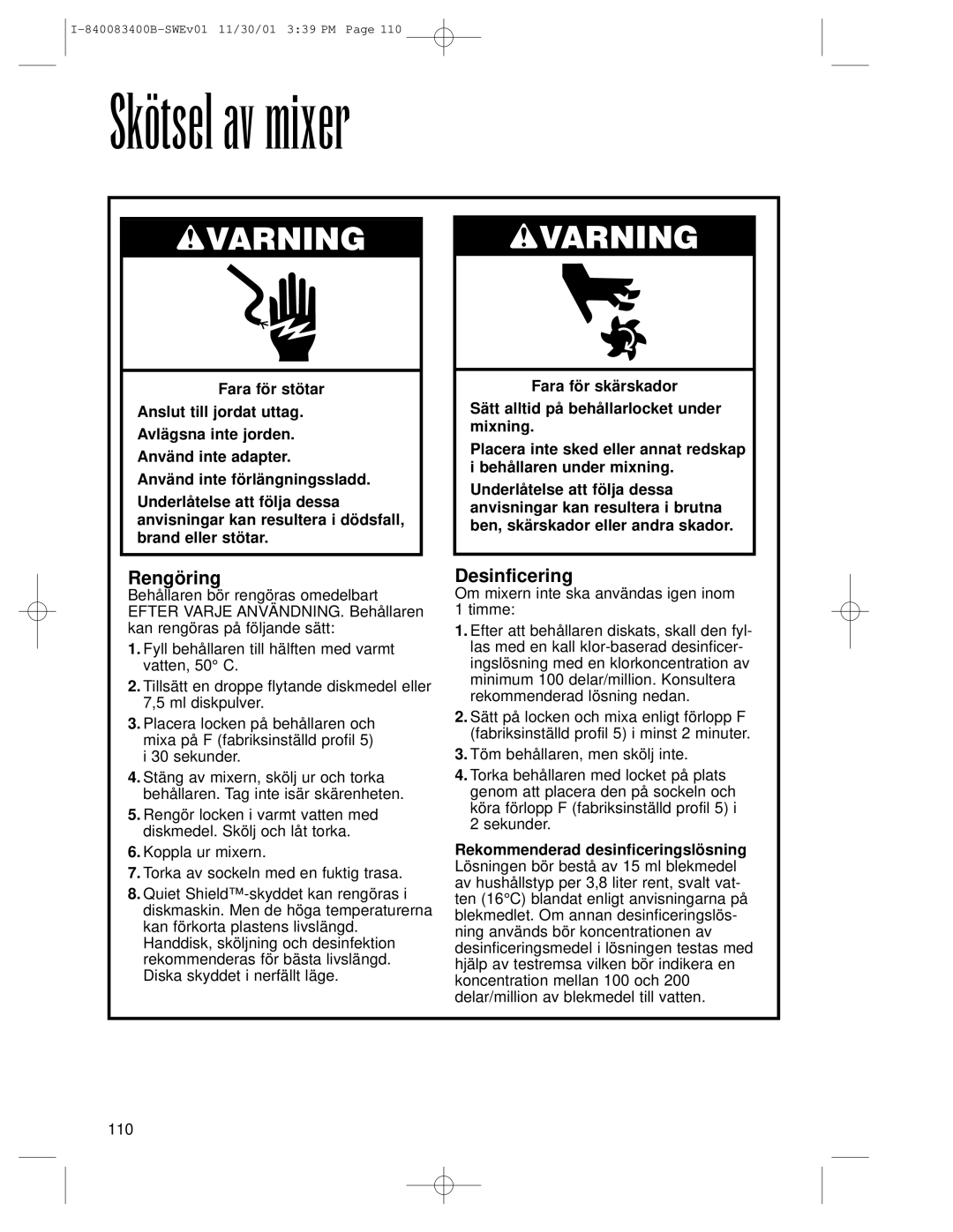 Hamilton Beach Summit Series operation manual Skötsel av mixer, Rengöring, Desinficering 