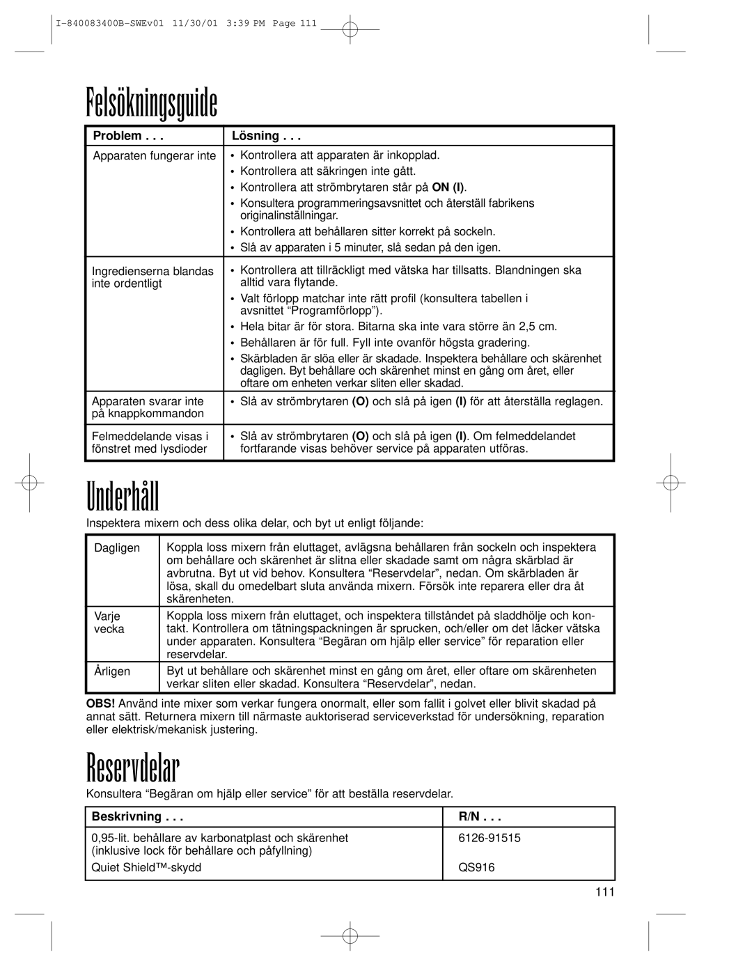 Hamilton Beach Summit Series operation manual Felsökningsguide, Underhåll, Reservdelar, Problem Lösning, Beskrivning 