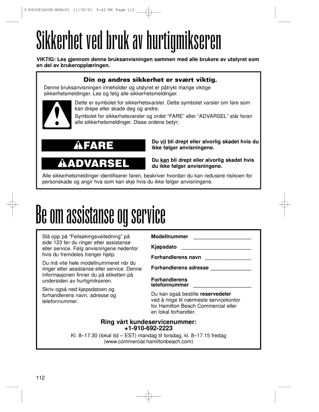 Hamilton Beach Summit Series operation manual Be om assistanse og service, Ring vårt kundeservicenummer +1-910-692-2223 