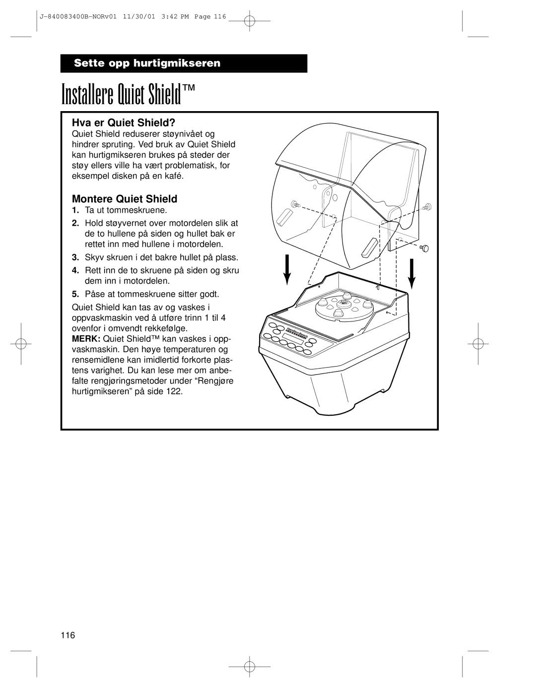 Hamilton Beach Summit Series operation manual Installere Quiet Shield, Hva er Quiet Shield?, Montere Quiet Shield 