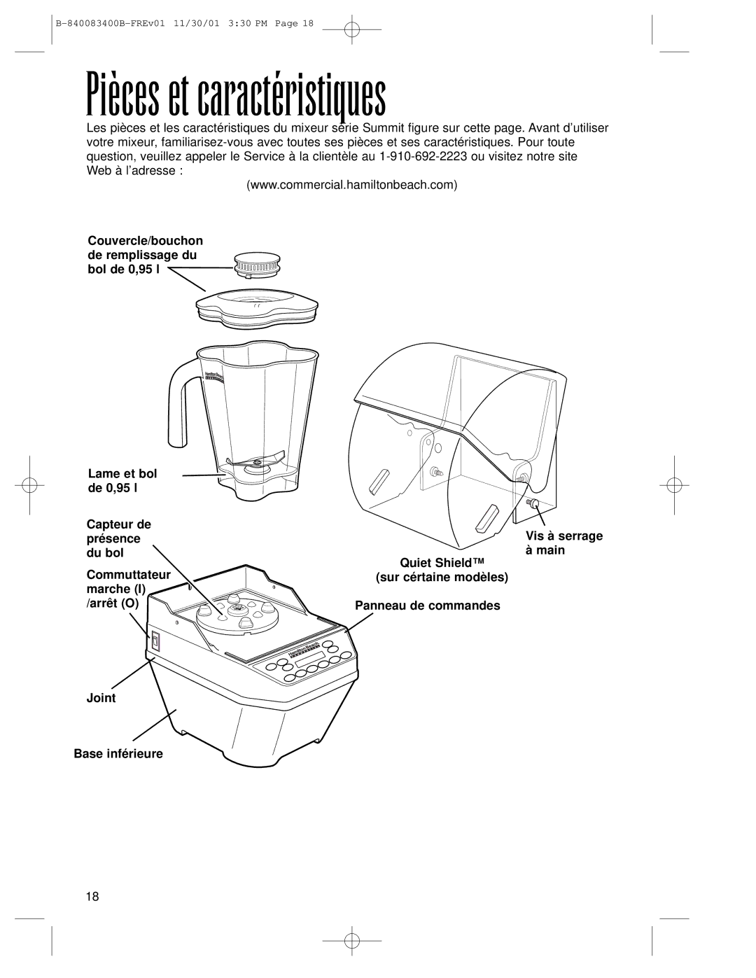 Hamilton Beach Summit Series operation manual Pièces et caractéristiques, Présence, Du bol Main Commuttateur 