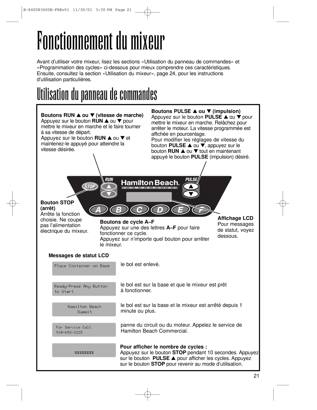 Hamilton Beach Summit Series operation manual Fonctionnement du mixeur, Utilisation du panneau de commandes 