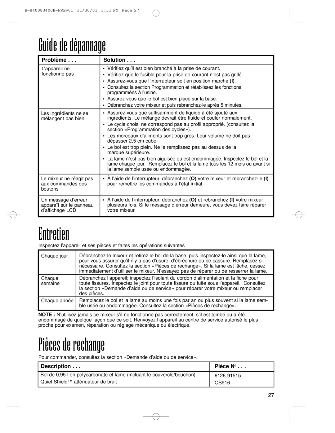 Hamilton Beach Summit Series Guide de dépannage, Entretien, Pièces de rechange, Problème Solution, Description Pièce N o 