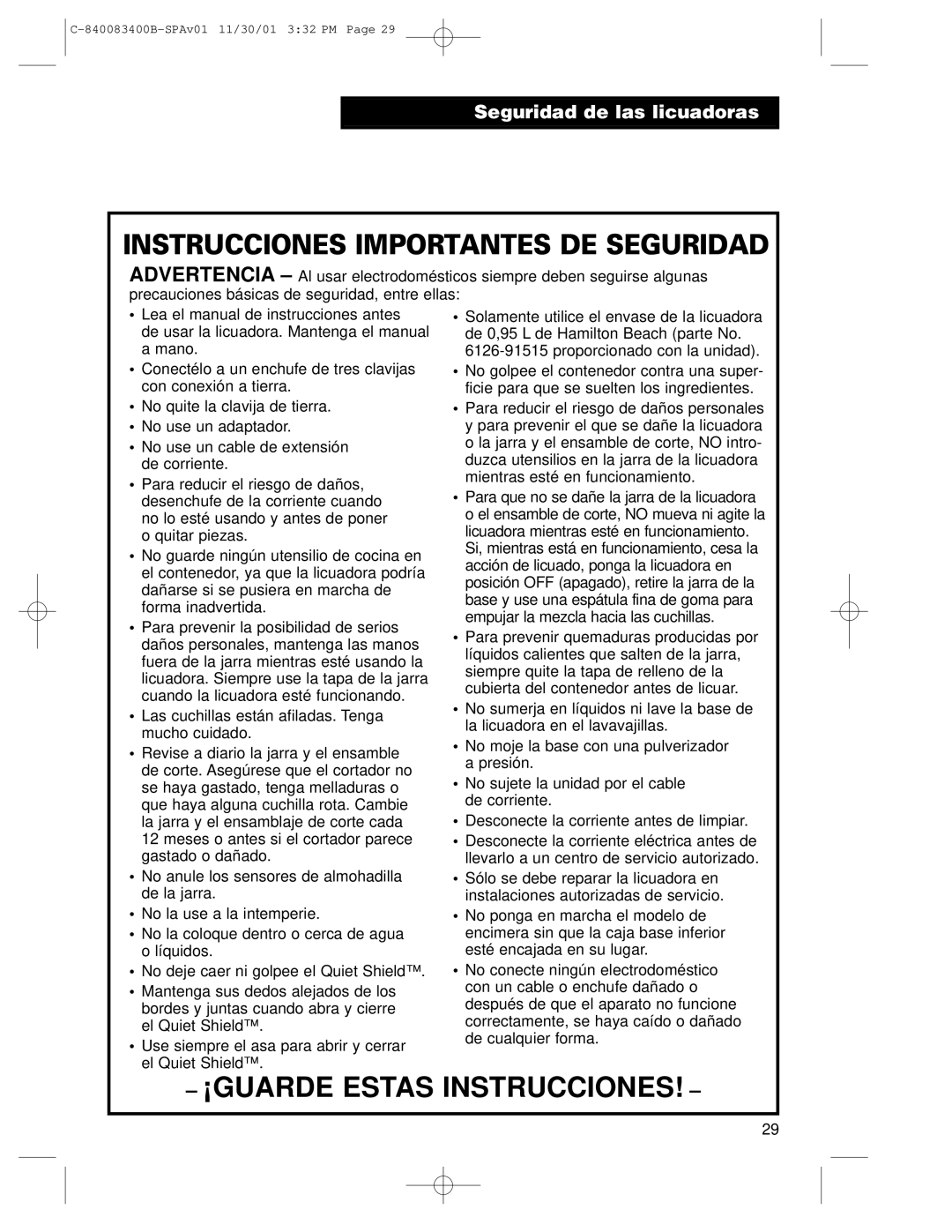 Hamilton Beach Summit Series operation manual ¡GUARDE Estas Instrucciones 