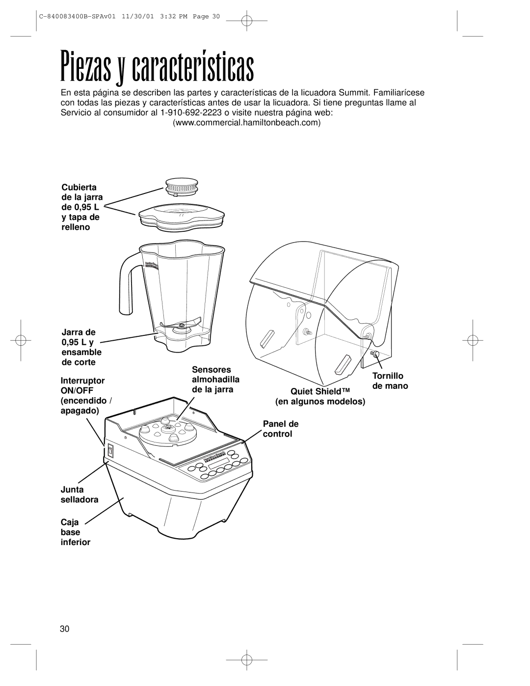 Hamilton Beach Summit Series operation manual Piezas y características 