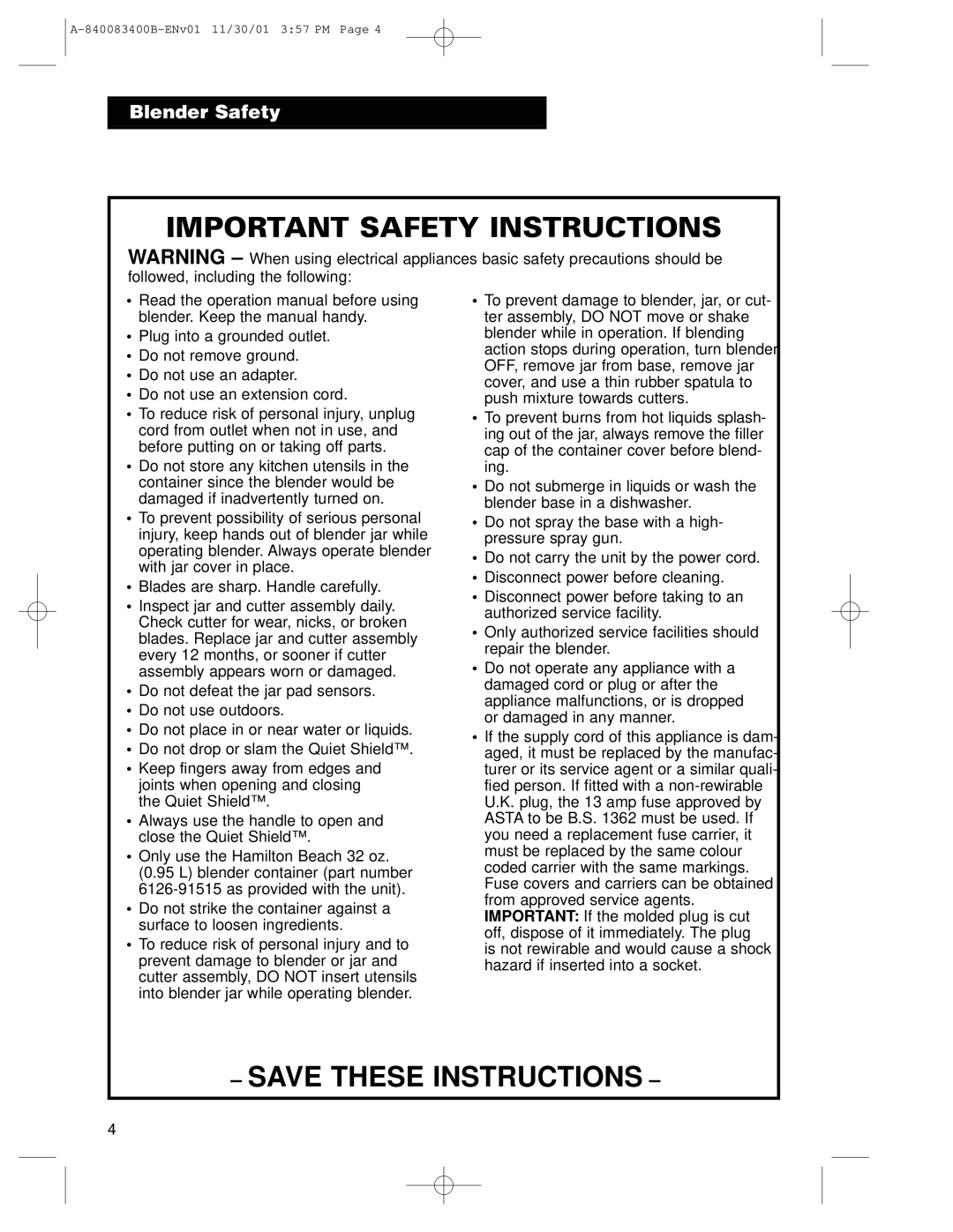 Hamilton Beach Summit Series operation manual Important Safety Instructions 