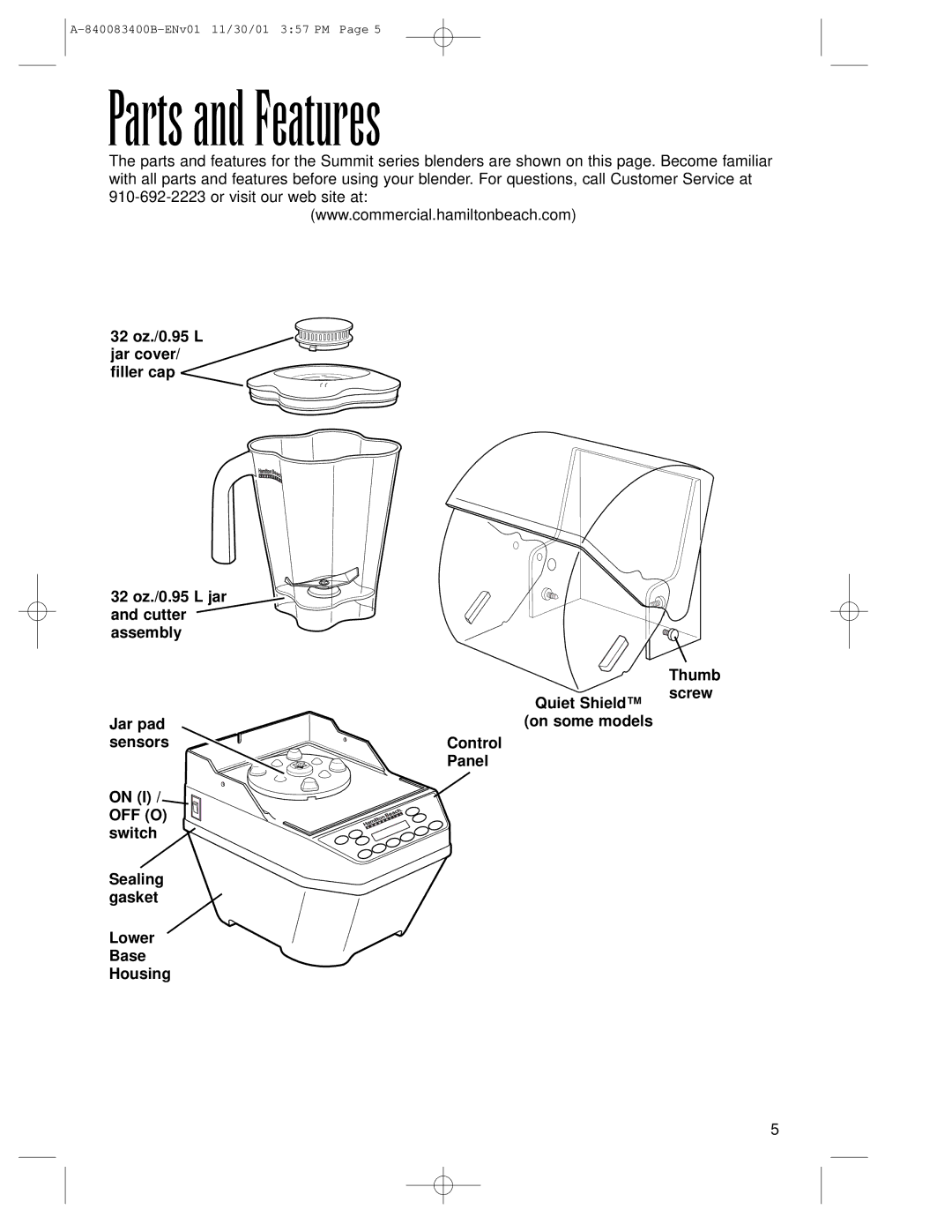 Hamilton Beach Summit Series operation manual Parts and Features 