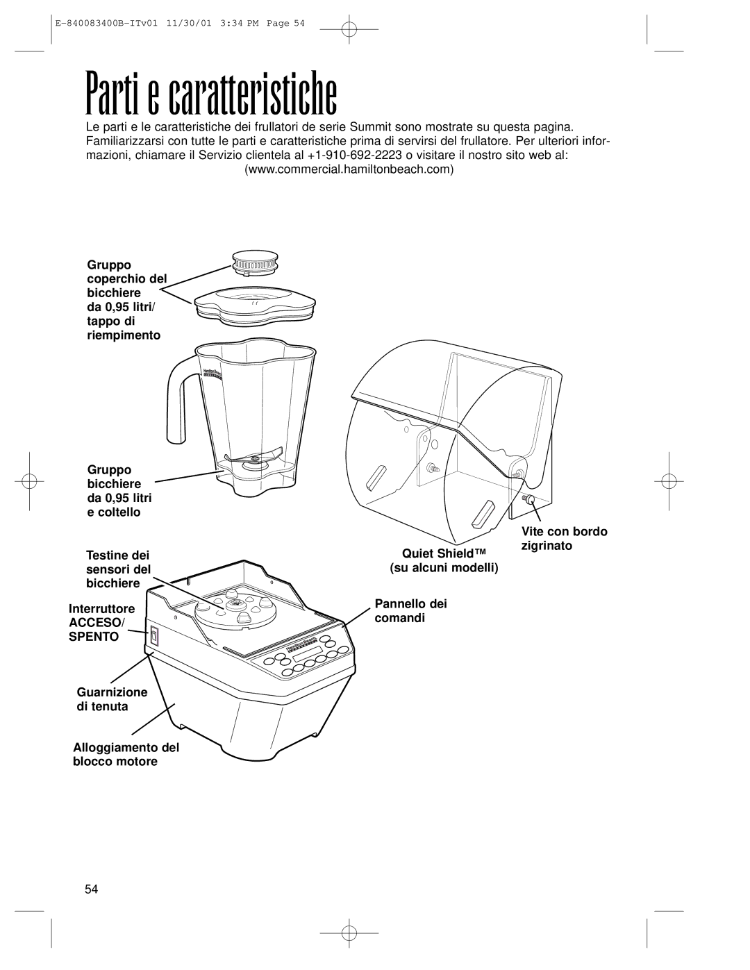 Hamilton Beach Summit Series operation manual Parti e caratteristiche, Acceso Spento 