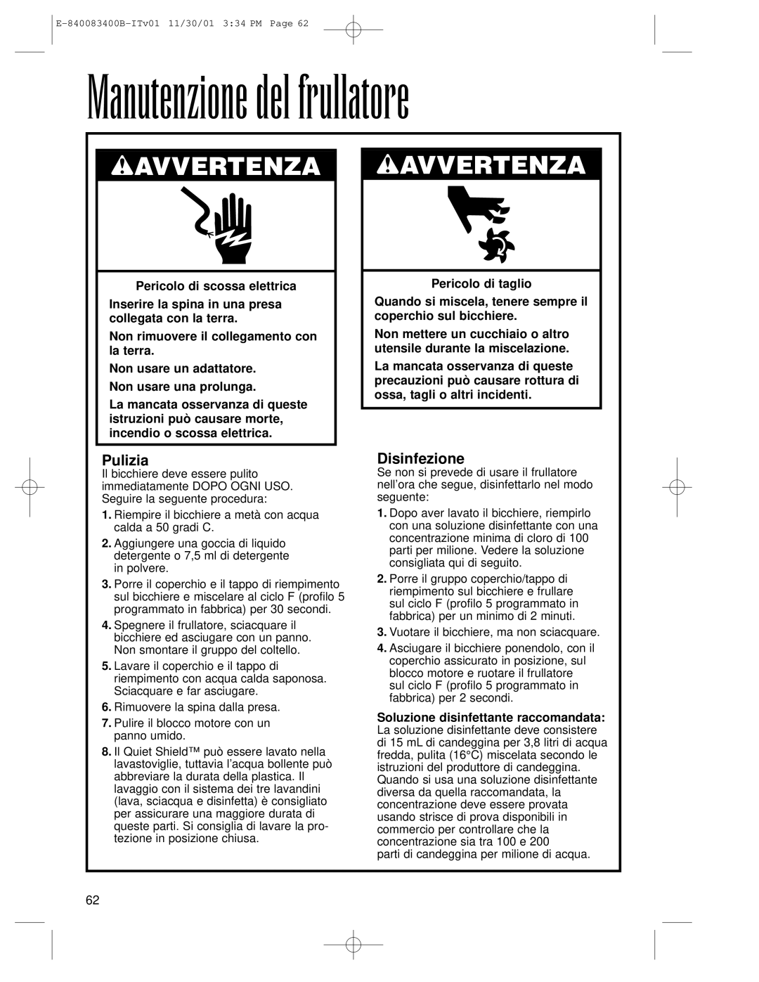 Hamilton Beach Summit Series Manutenzione del frullatore, Pulizia, Disinfezione, Soluzione disinfettante raccomandata 