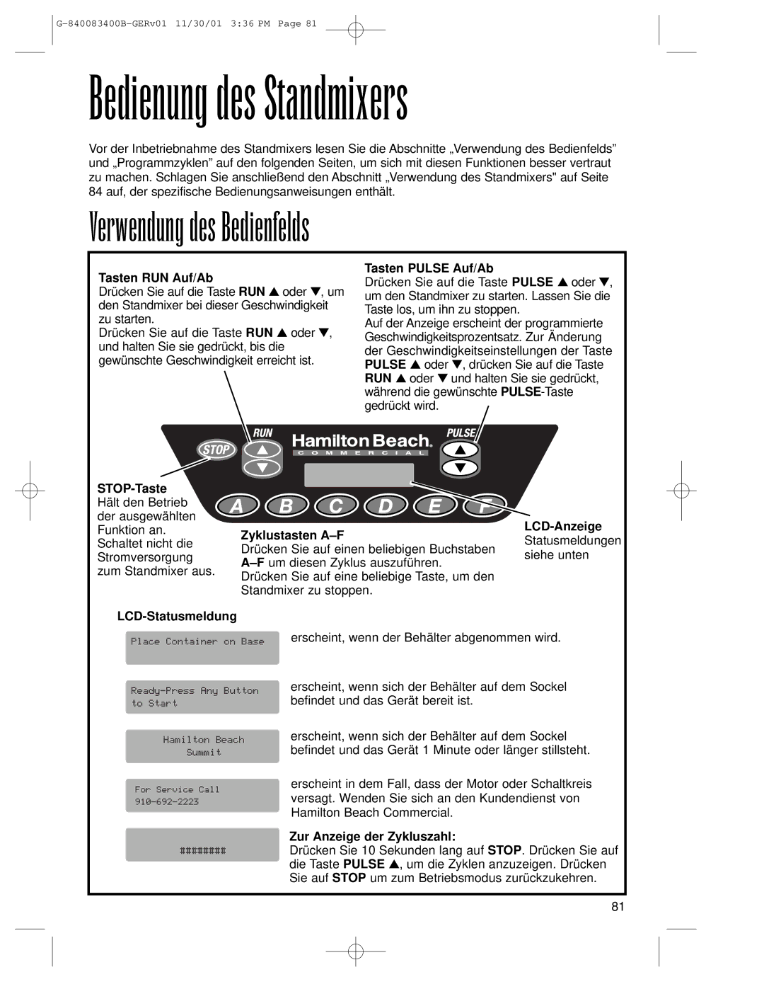 Hamilton Beach Summit Series operation manual Bedienung des Standmixers, Verwendung des Bedienfelds 