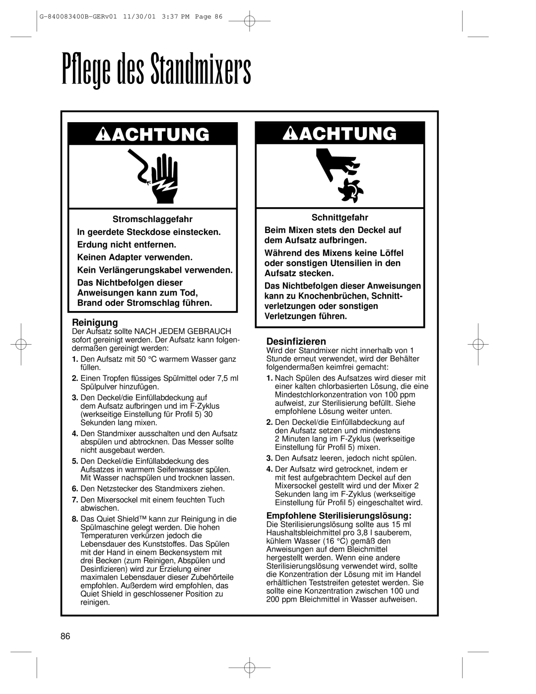 Hamilton Beach Summit Series operation manual Reinigung, Desinfizieren, Empfohlene Sterilisierungslösung 