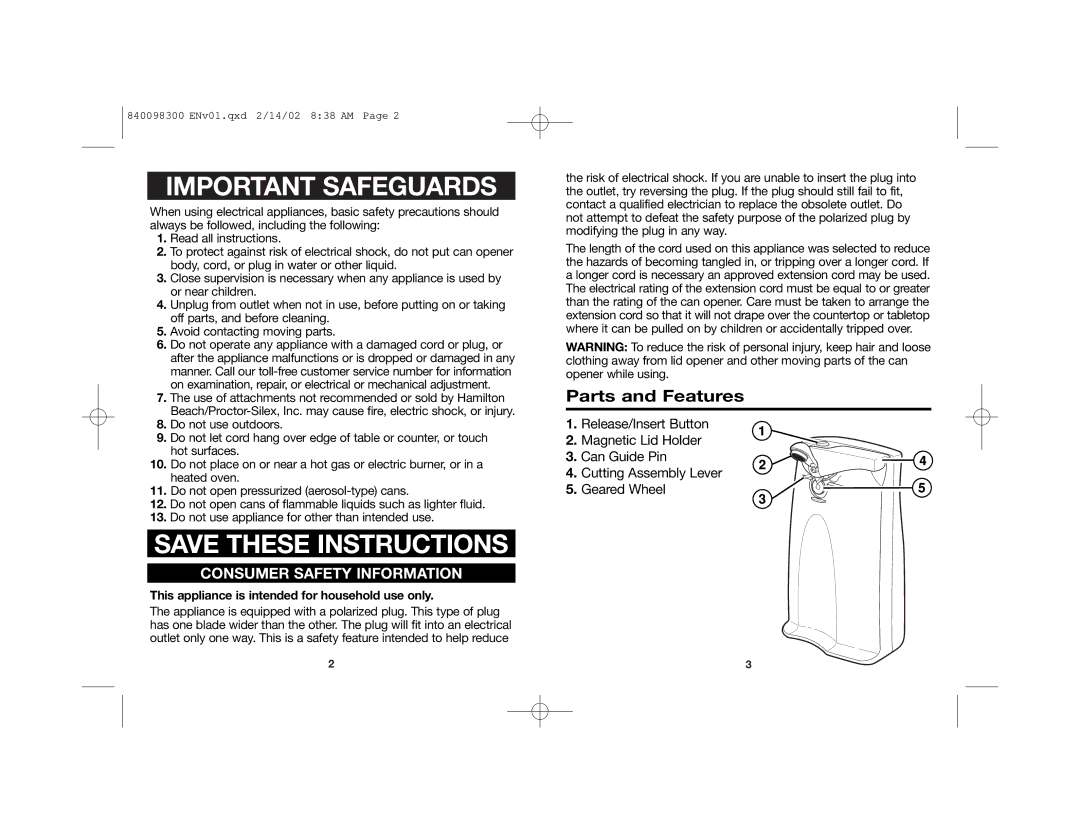 Hamilton Beach Sure Cut Parts and Features, Consumer Safety Information, This appliance is intended for household use only 