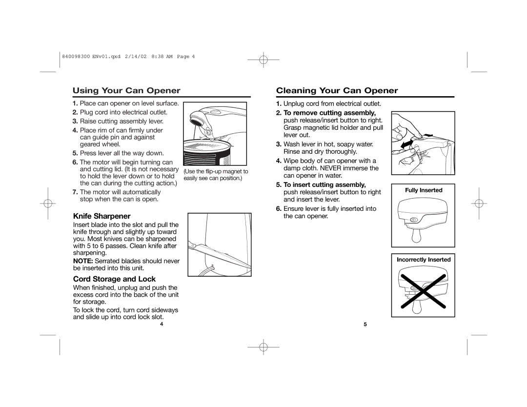 Hamilton Beach Sure Cut manual Using Your Can Opener Cleaning Your Can Opener, Knife Sharpener, Cord Storage and Lock 