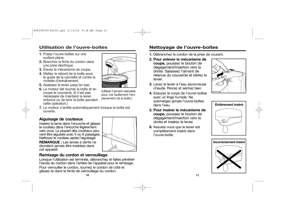 Hamilton Beach Sure Cut manual Utilisation de l’ouvre-boîtes Nettoyage de l’ouvre-boîtes, Aiguisage de couteaux 