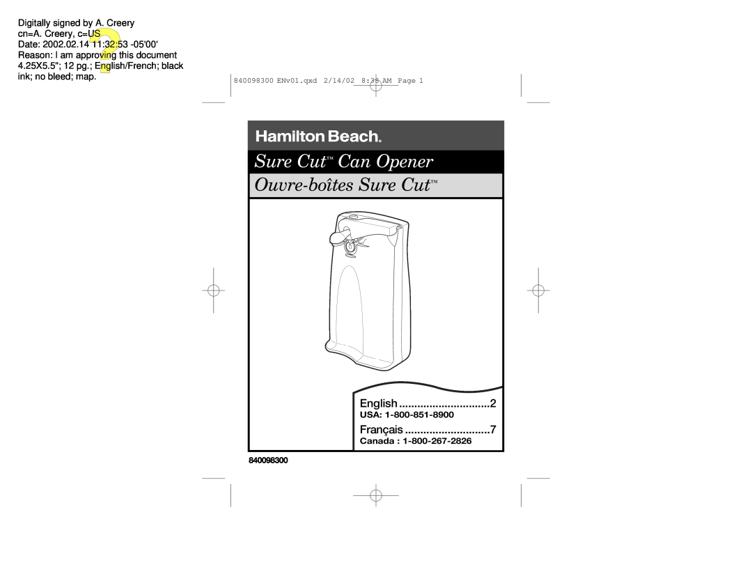 Hamilton Beach manual Usa, Canada, Sure Cut Can Opener, Ouvre-boîtesSure Cut, English, Français, 840098300 