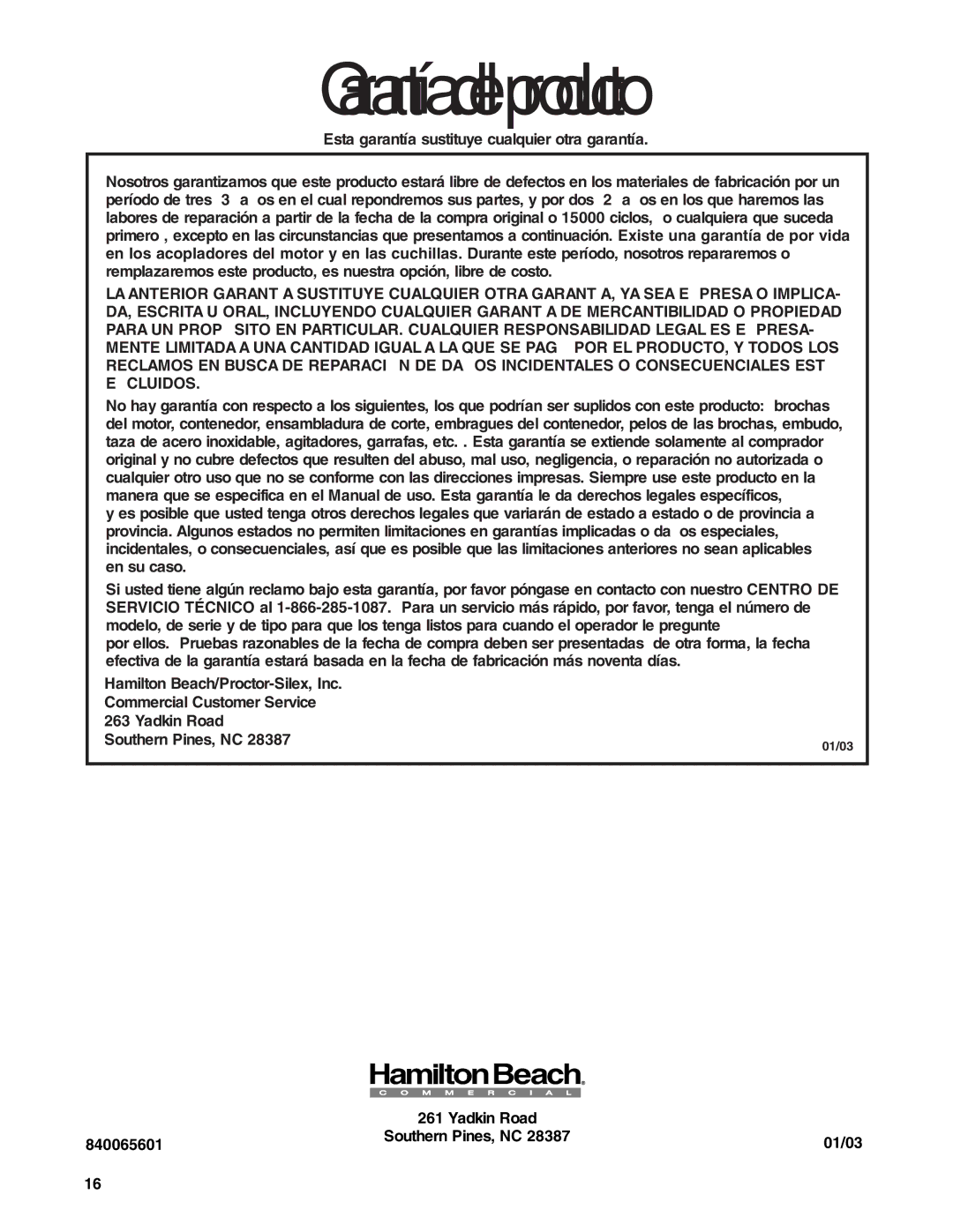 Hamilton Beach Tempest Series operation manual Garantía del producto 