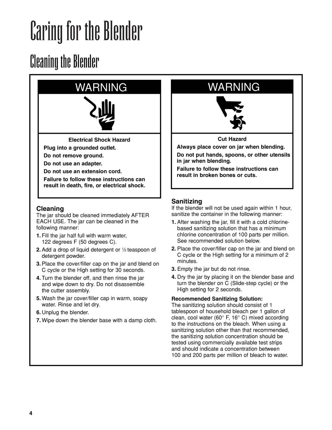 Hamilton Beach Tempest Series operation manual Caring for the Blender, Cleaning the Blender 