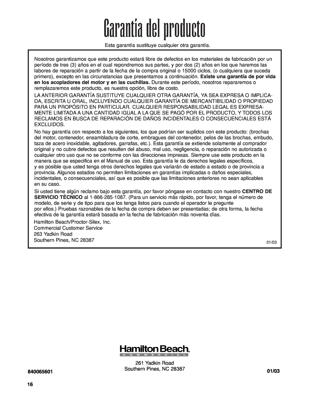 Hamilton Beach Tempest Series operation manual Garantía del producto, 840065601, 01/03 
