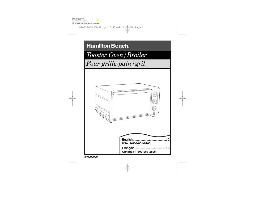 Hamilton Beach manual Toaster Oven/Broiler 