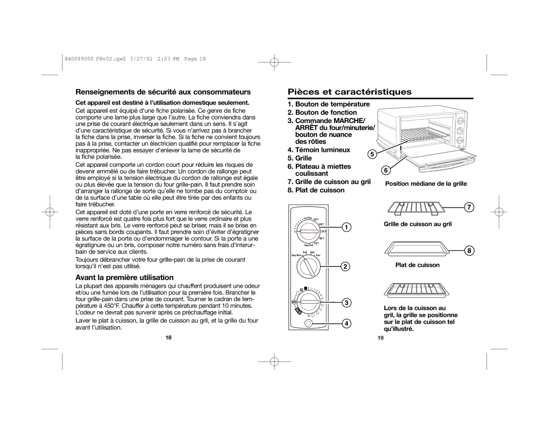 Hamilton Beach Toaster Oven manual Pièces et caractéristiques, Renseignements de sécurité aux consommateurs 