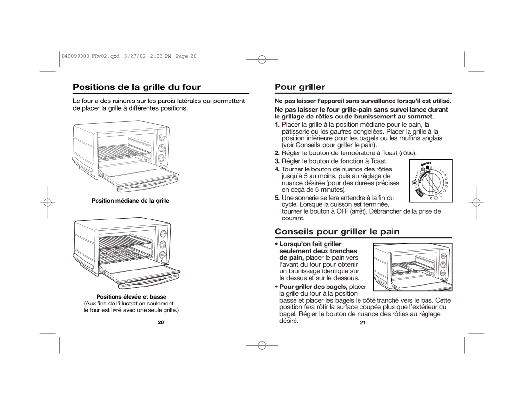 Hamilton Beach Toaster Oven manual Positions de la grille du four, Pour griller, Conseils pour griller le pain 