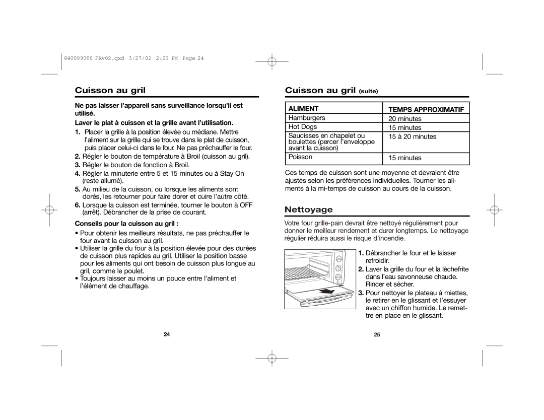 Hamilton Beach Toaster Oven manual Cuisson au gril suite, Nettoyage, Conseils pour la cuisson au gril 