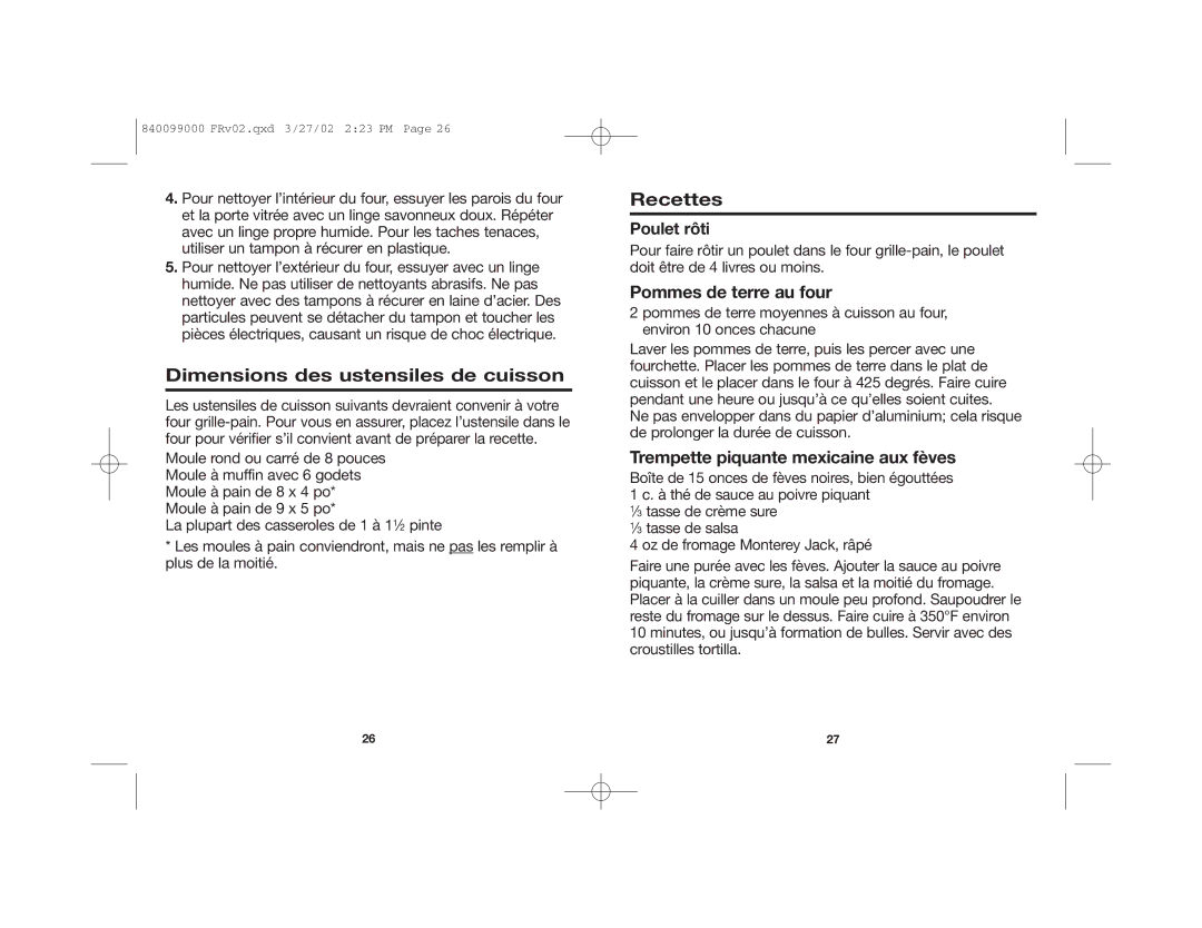 Hamilton Beach Toaster Oven manual Dimensions des ustensiles de cuisson, Recettes, Poulet rôti, Pommes de terre au four 