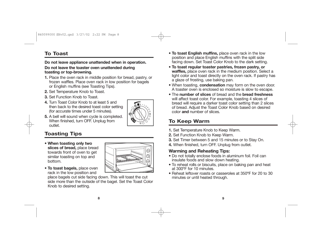 Hamilton Beach Toaster Oven manual To Toast, Toasting Tips, To Keep Warm, Warming and Reheating Tips 