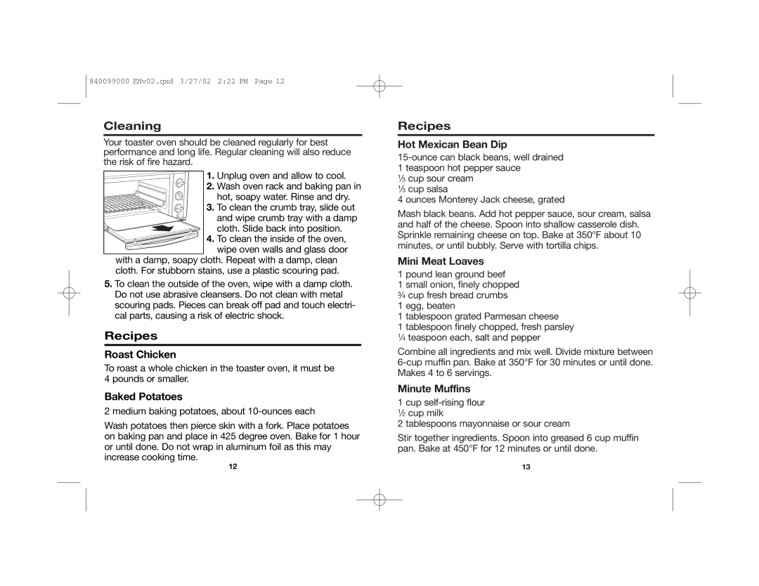 Hamilton Beach Toaster Oven manual Cleaning, Recipes 