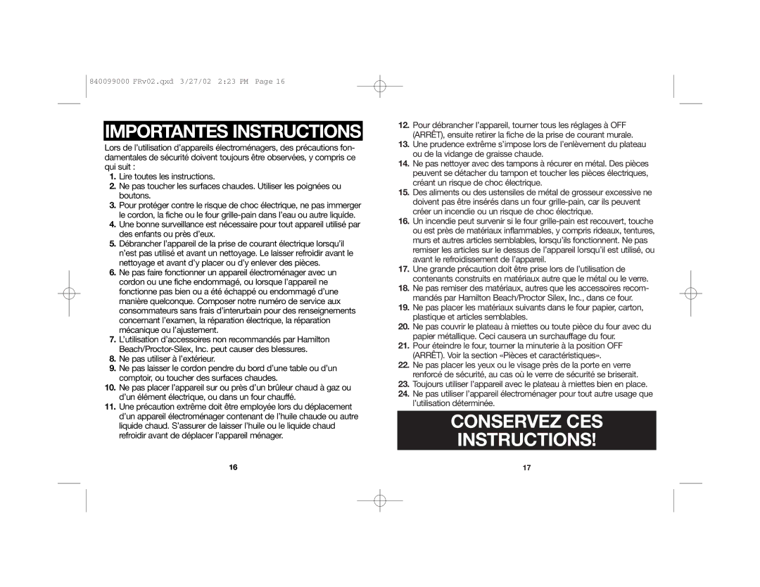 Hamilton Beach Toaster Oven manual Importantes Instructions 