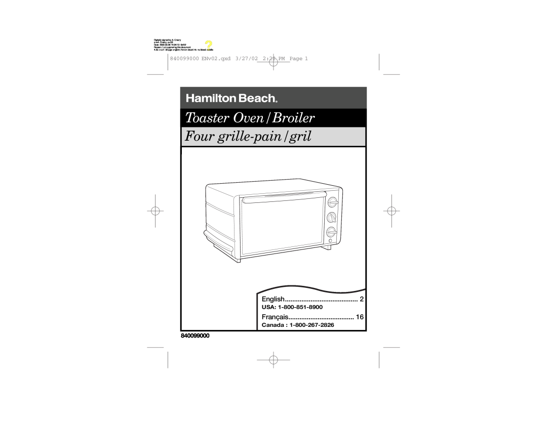 Hamilton Beach manual Toaster Oven/Broiler, Four grille-pain/gril, English, Français, Canada, 840099000 
