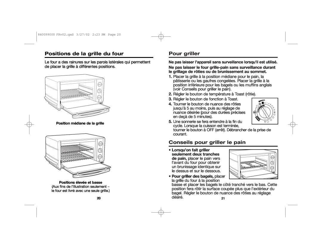 Hamilton Beach Toaster Oven manual Positions de la grille du four, Pour griller, Conseils pour griller le pain 