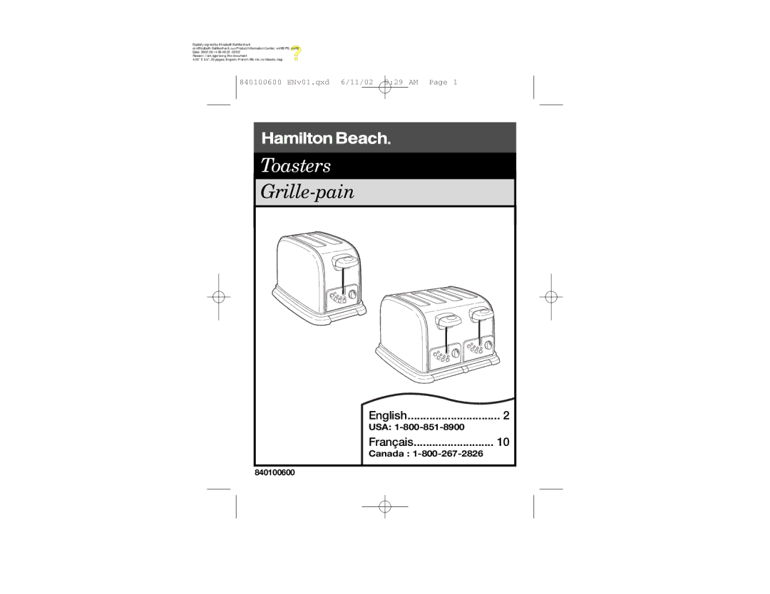 Hamilton Beach Toasters manual 