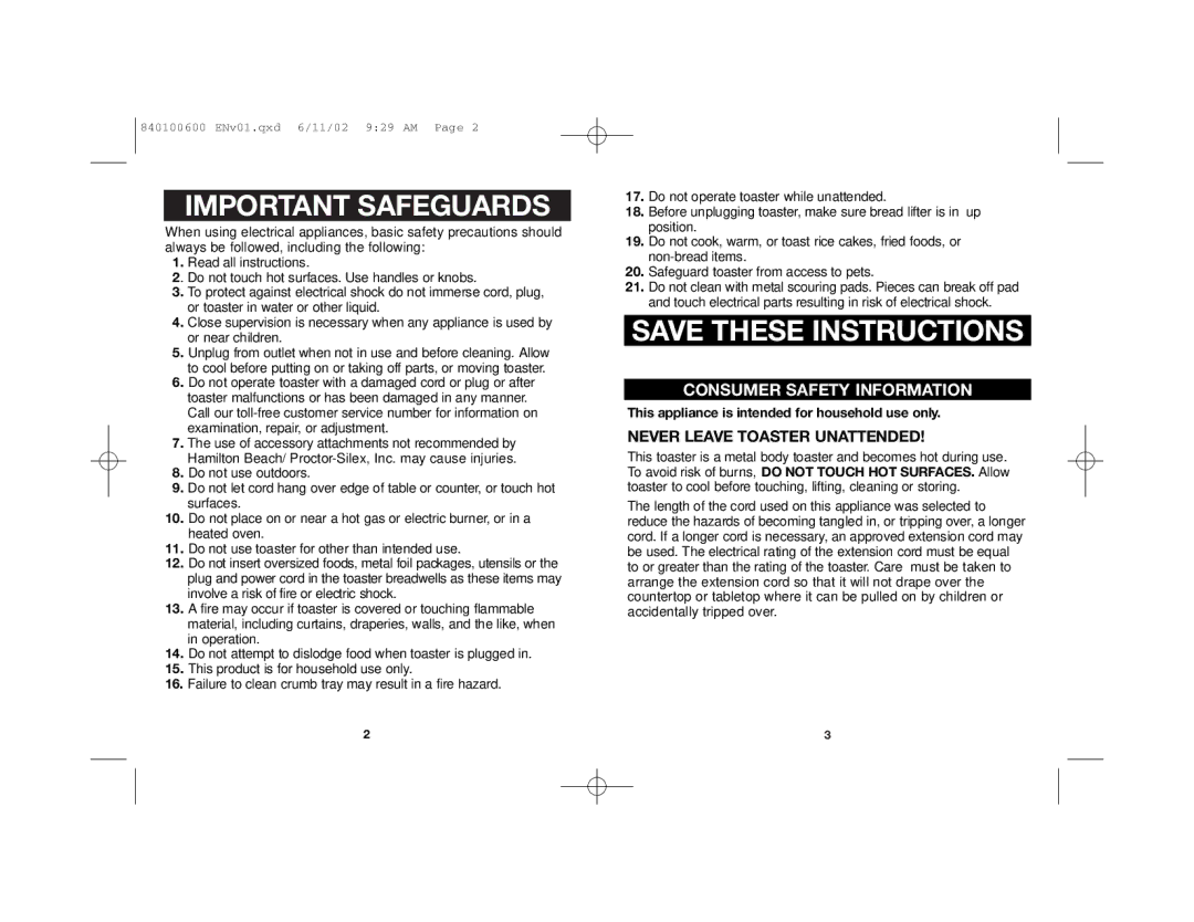 Hamilton Beach Toasters manual Important Safeguards 