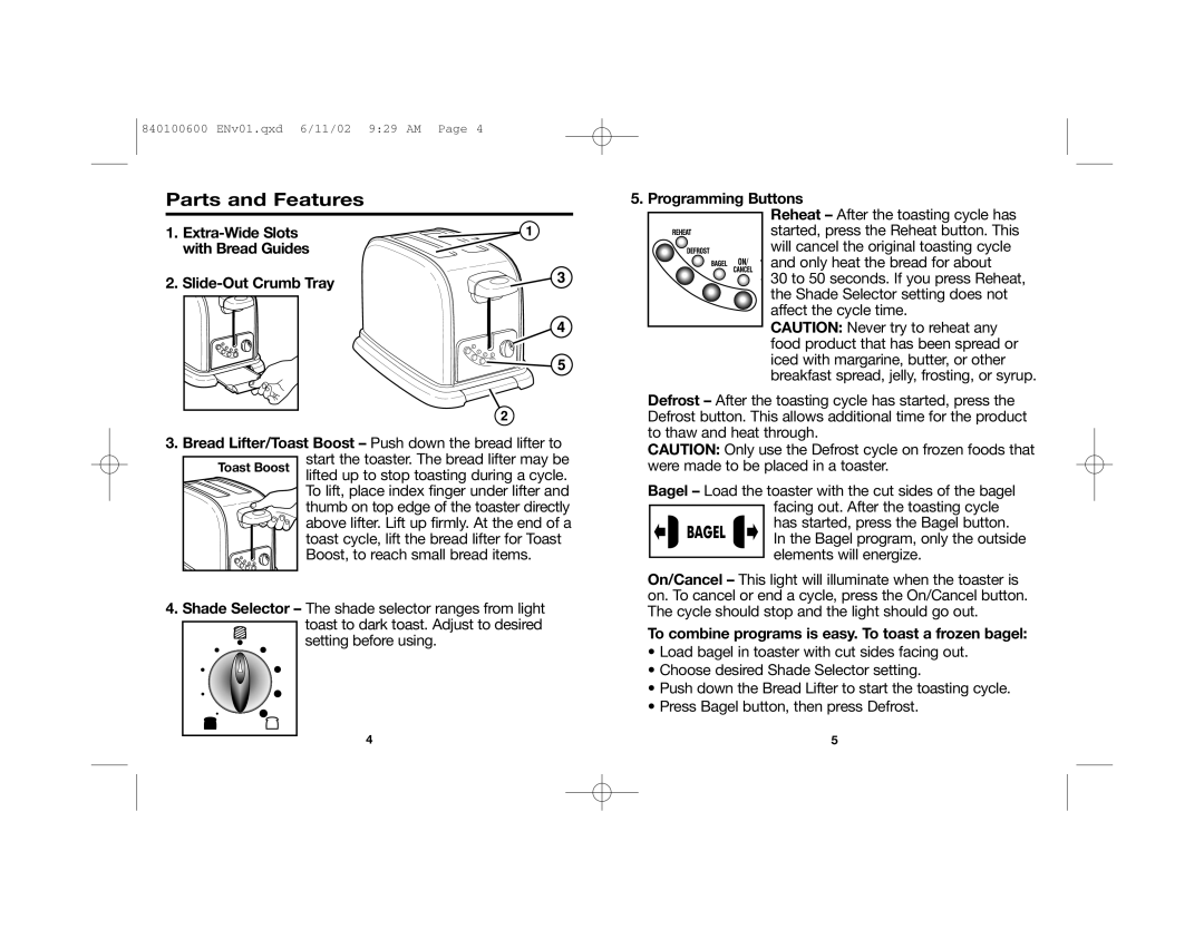 Hamilton Beach Toasters manual Parts and Features, Extra-Wide Slots with Bread Guides Slide-Out Crumb Tray 