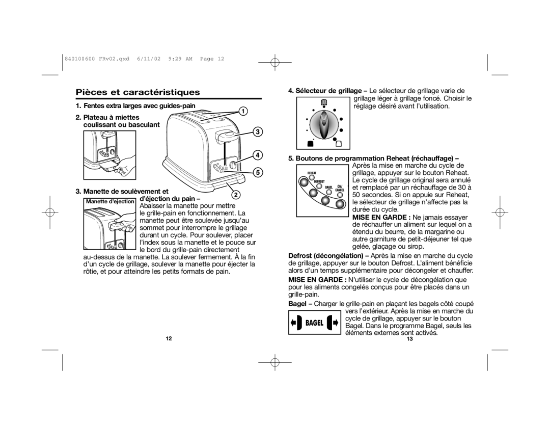 Hamilton Beach Toasters manual Pièces et caractéristiques 