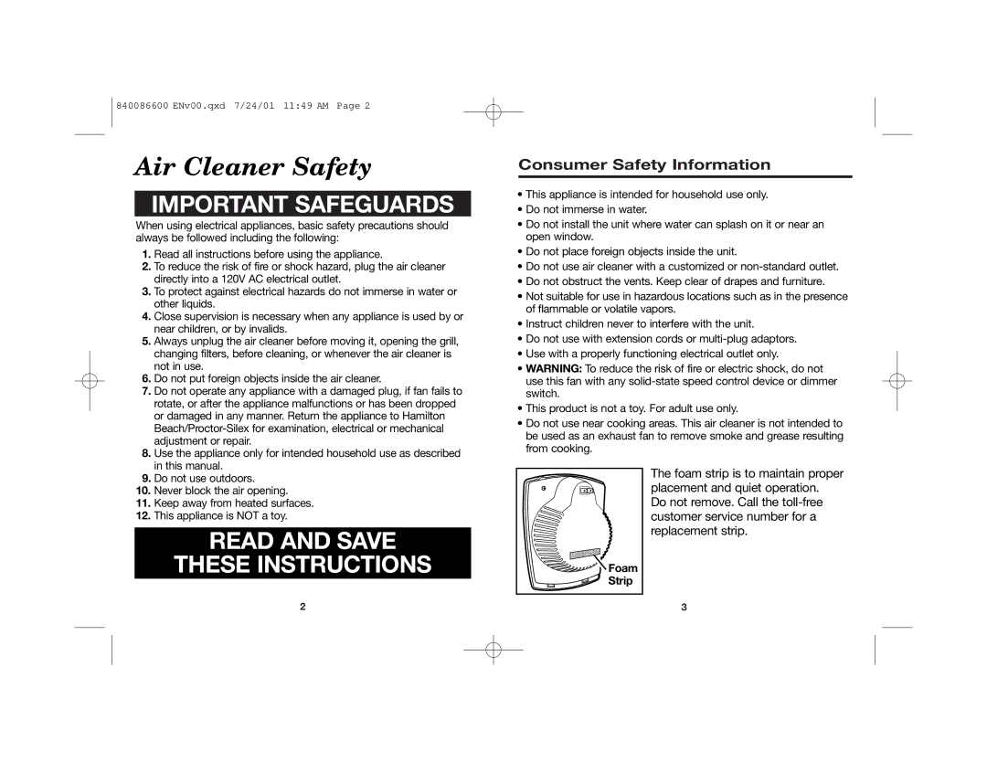 Hamilton Beach TrueAir manual Air Cleaner Safety, Important Safeguards 